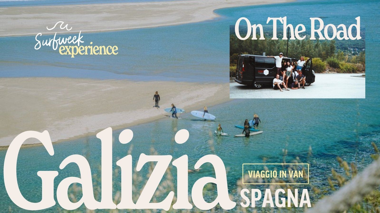 Copertina della brochure Galizia in van: surfisti sulla riva di una spiaggia della Galizia e il gruppo davanti al van