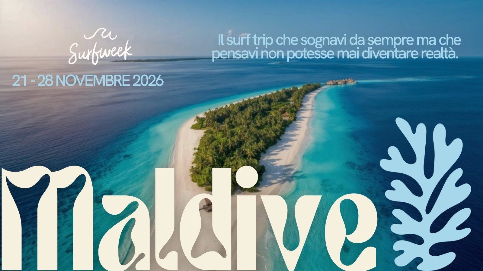 Copertina della brochure Maldive: l'isola di Thulusdhoo vista dall'alto, tra reef e acqua turchese