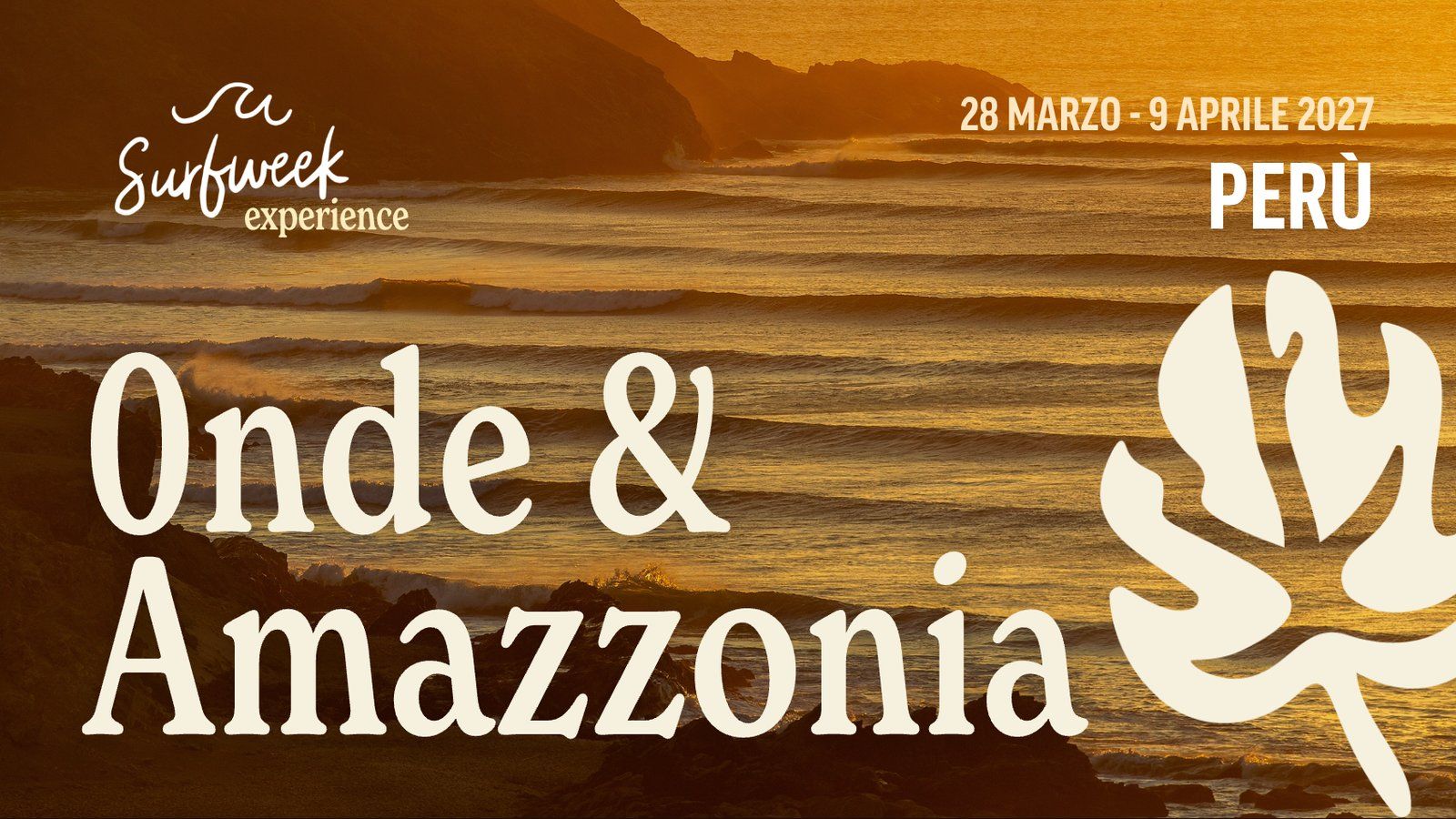 Copertina della brochure Perù Onde e Amazzonia: onde al tramonto sulla costa di Huanchaco, con le date 28 marzo - 9 aprile 2027