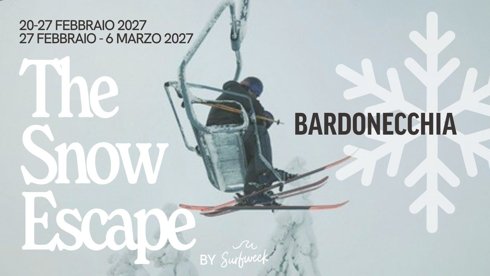 Copertina della brochure The Snow Escape: uno sciatore sulla seggiovia a Bardonecchia, con le date di febbraio e marzo 2027