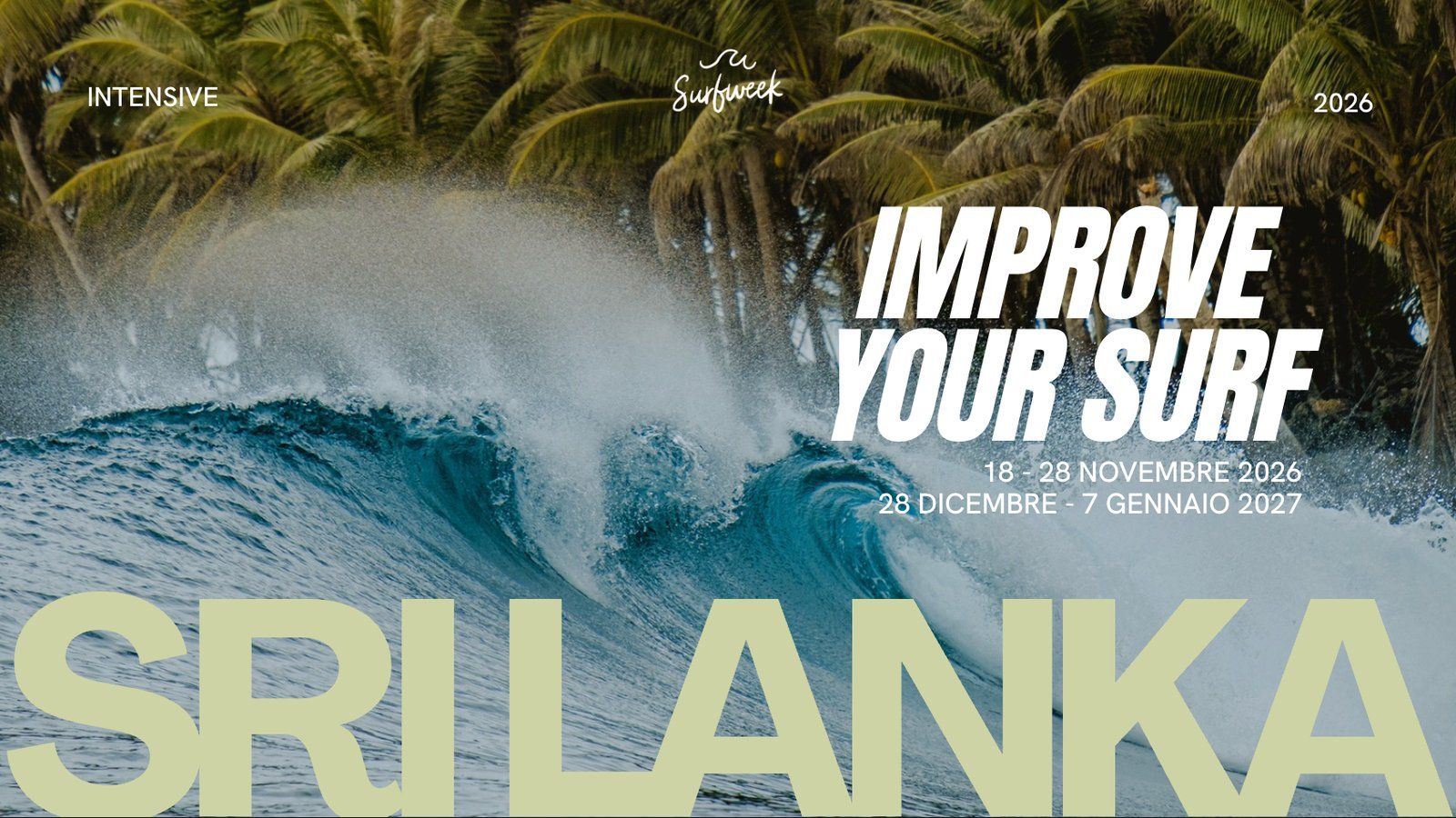 Copertina della brochure Intensive Sri Lanka: un'onda che si apre davanti alle palme, con le date di novembre 2026 e dicembre-gennaio 2027