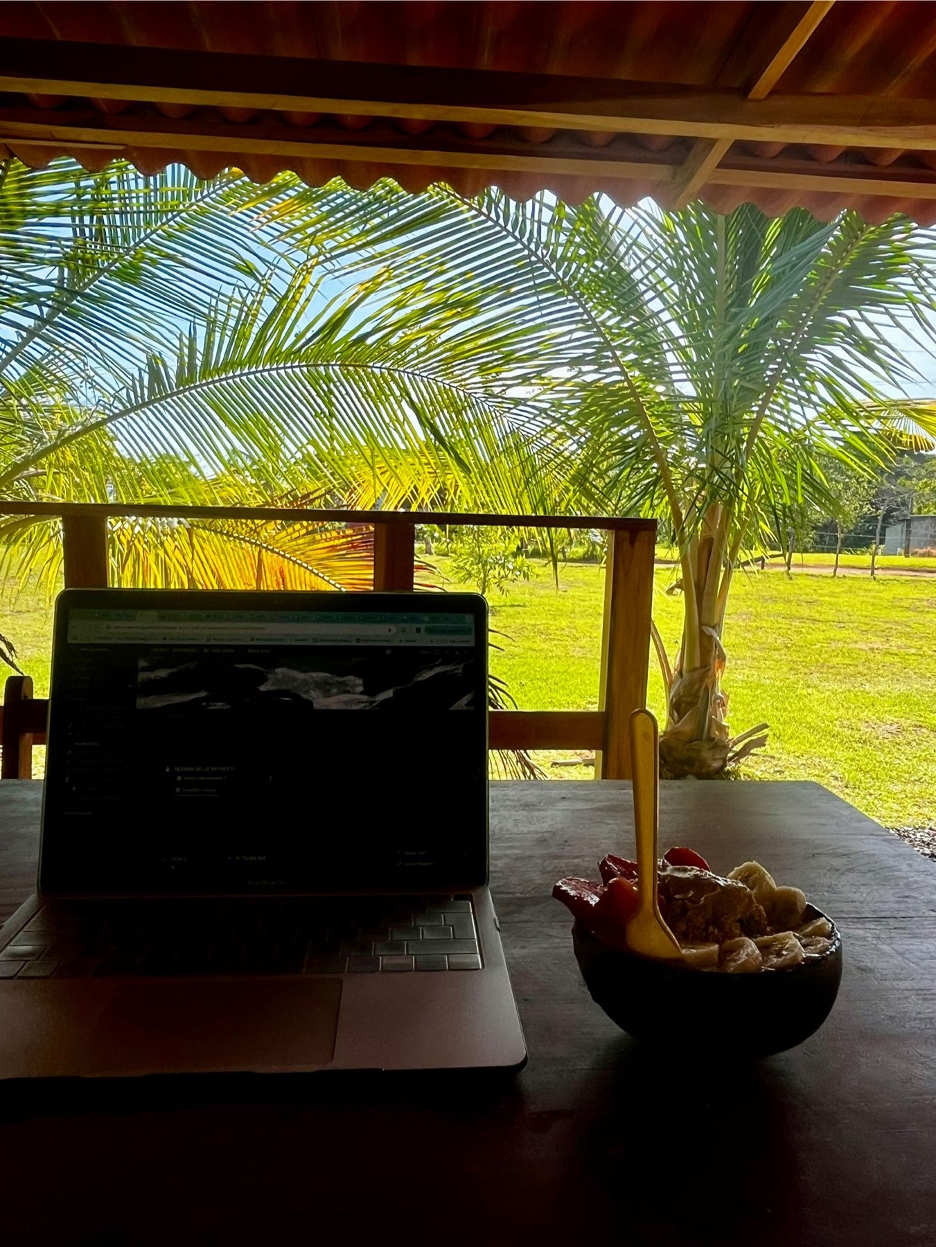 Un'açaí bowl sul tavolo della veranda con il giardino dietro