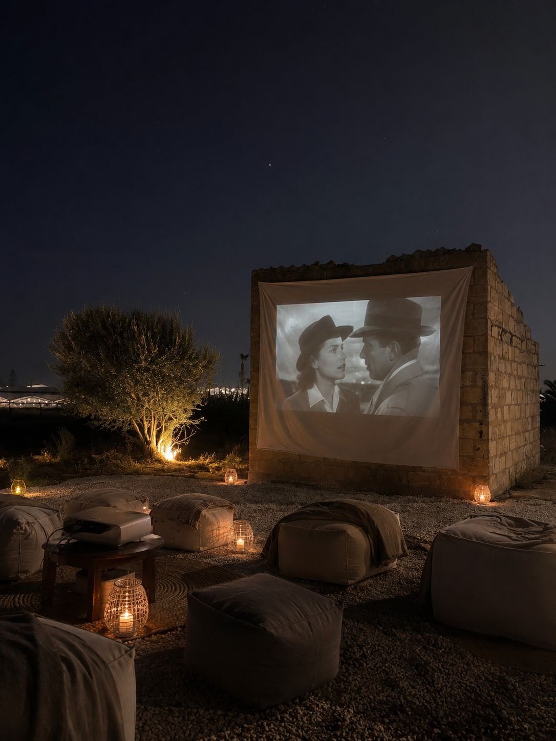 Videoproiettore all'aperto con cuscinoni sotto il cielo notturno